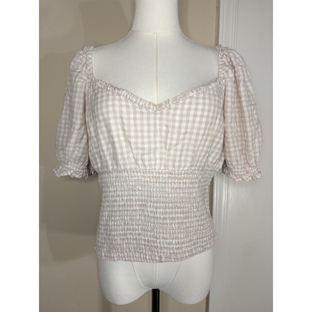 Abercrombie & Fitch Top Blouse XL Pink Gingham Puff Smocked Peasant Cottagecore